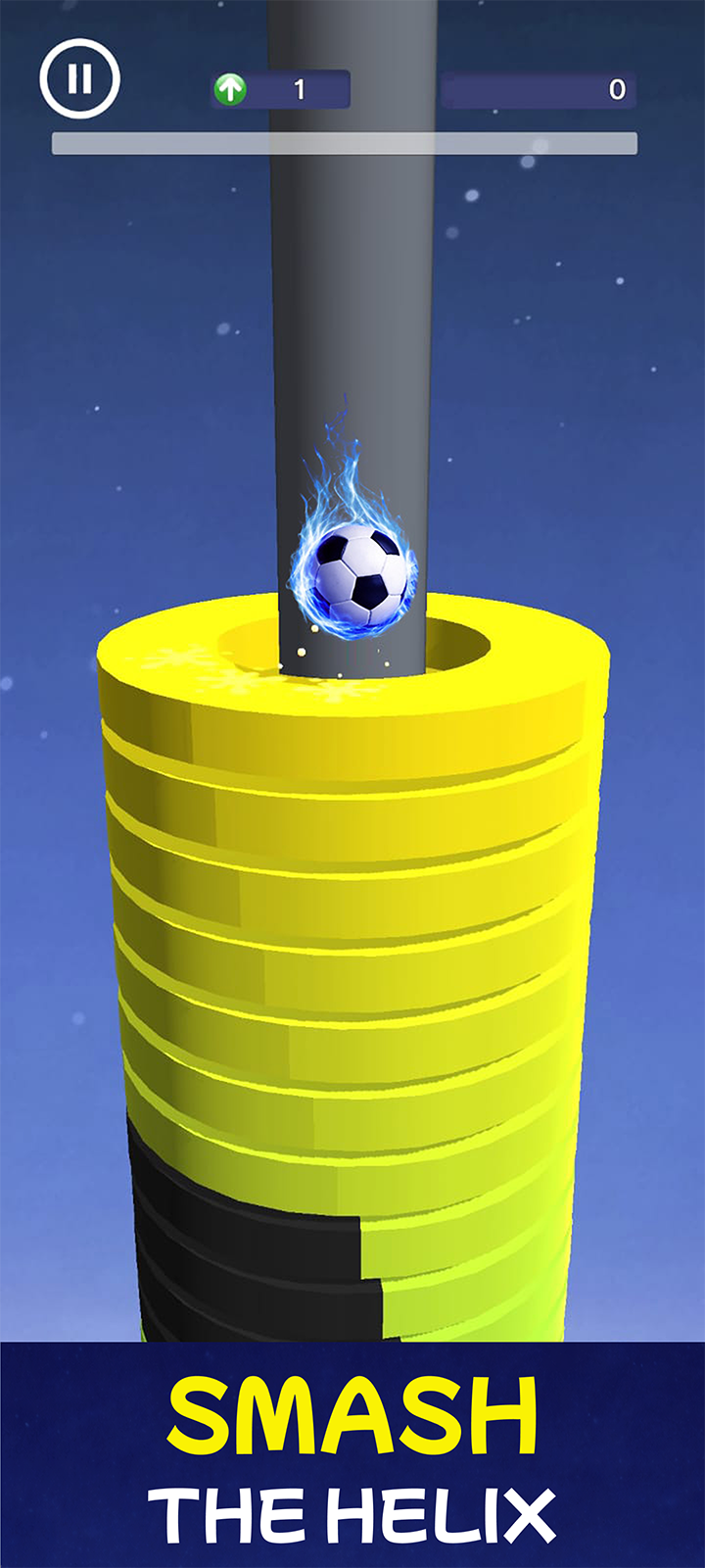 Official Stack Ball Blaster screenshot showing a ball descending a helix tower